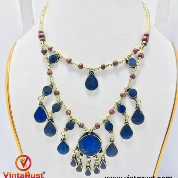 Two Layers Tribal Stones Vintage Necklace, Afghan Metal and Wooden Beaded Chain - Picture 5 of 8